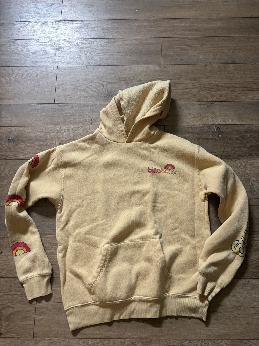 Billabong Pale Yellow Pullover Hoodie with Rainbow Accents Small